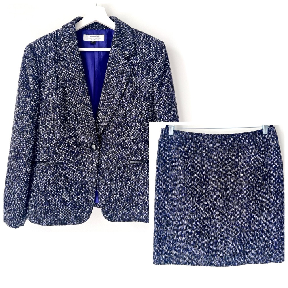 TAHARI Gray and Blue Tweed Blazer and Skirt Set
